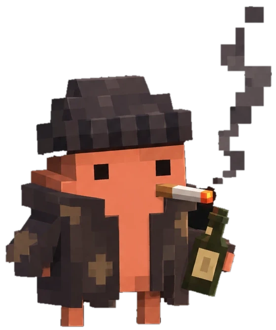 Broke Code in a torn coat and a wool hat, on his break